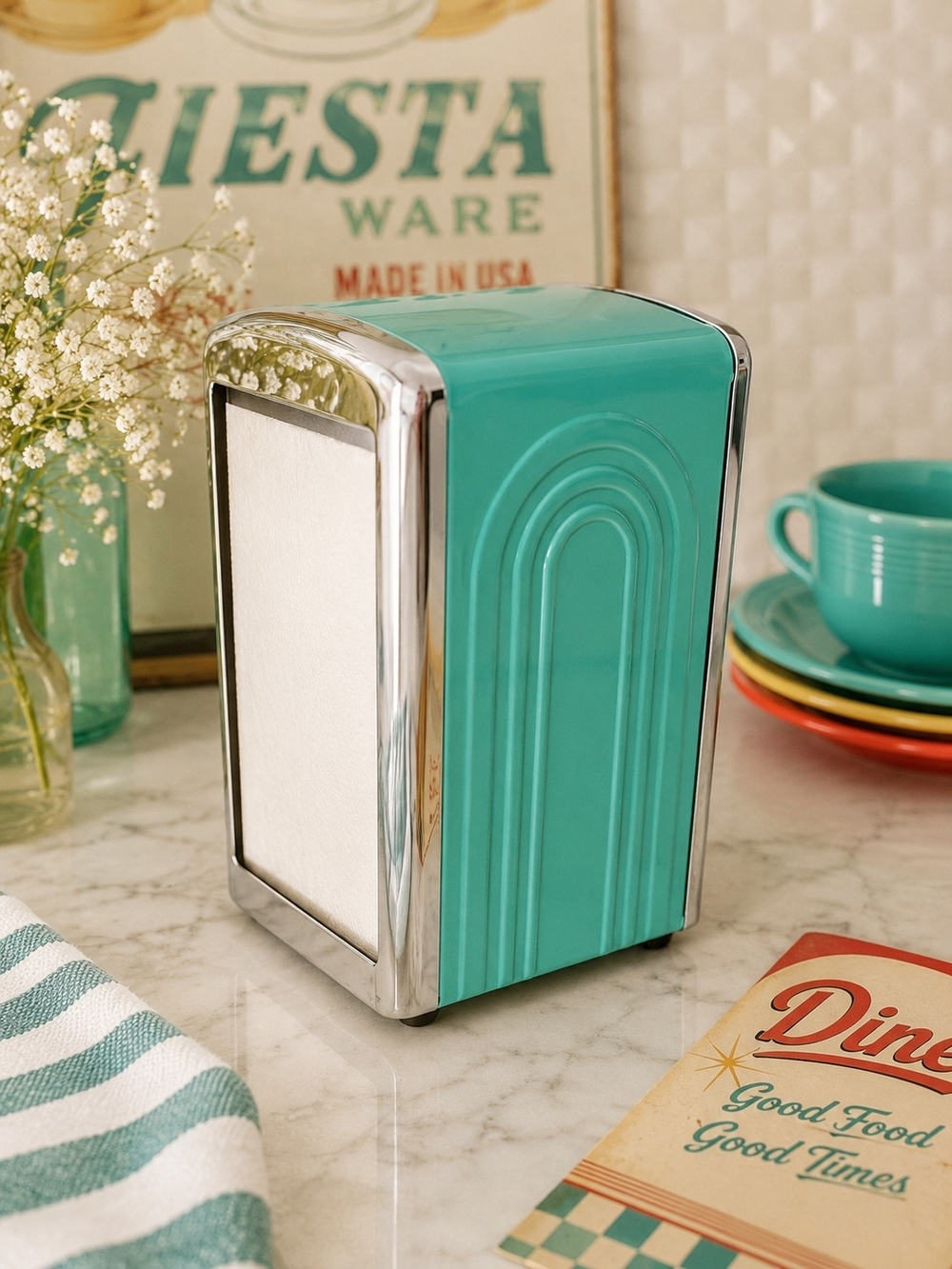 Fiesta Homer Laughlin Aqua Turquoise Napkin Dispenser Chrome Retro Kitchen 1996